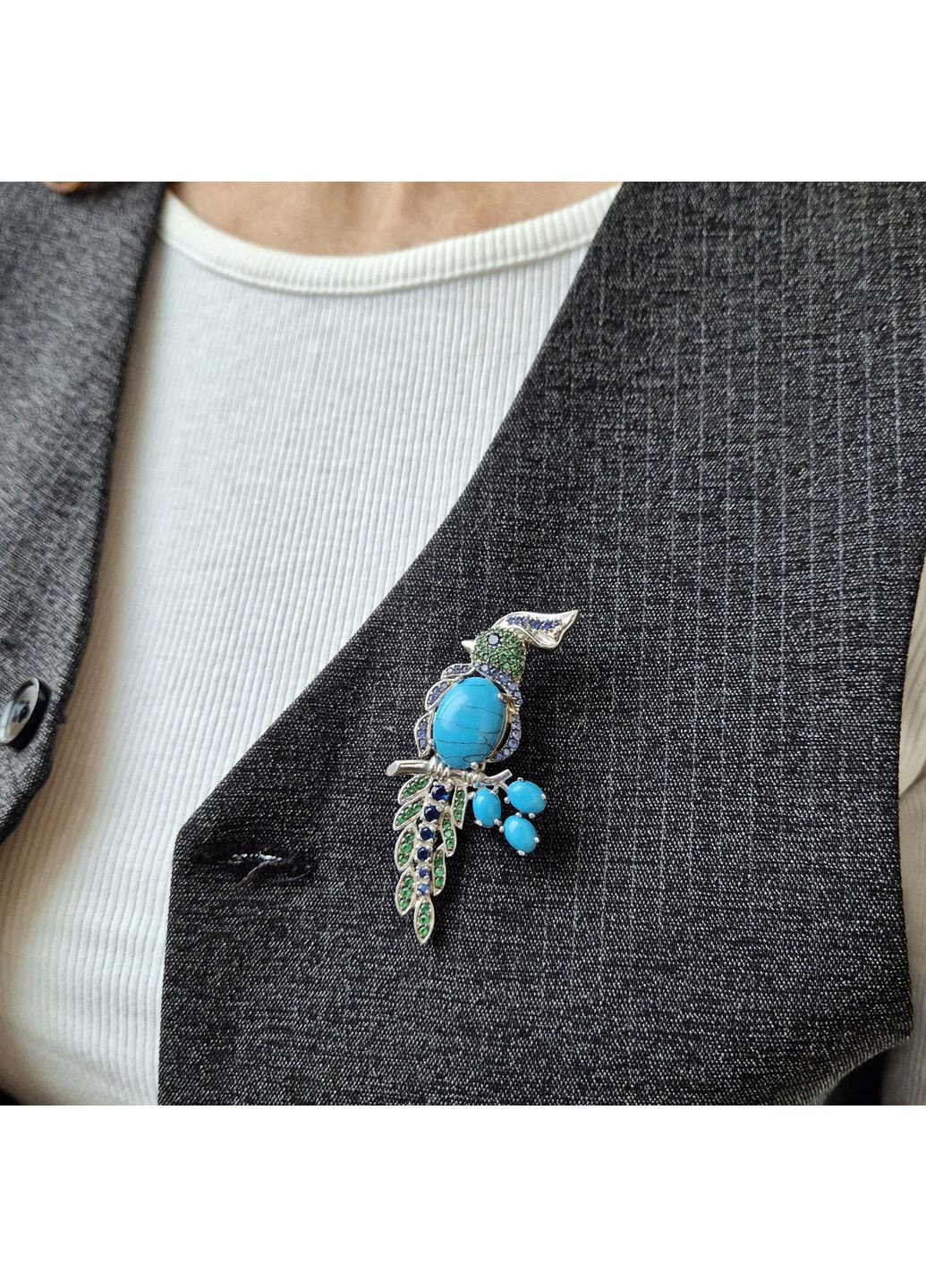 Срібна Брошка Папуга з Бірюзою срібло 925 проби Родоване 207п 12.05г Nobrand (370438624)