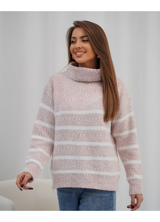 Персиковый зимний вязаный свитер-гольф в полоску Magnet