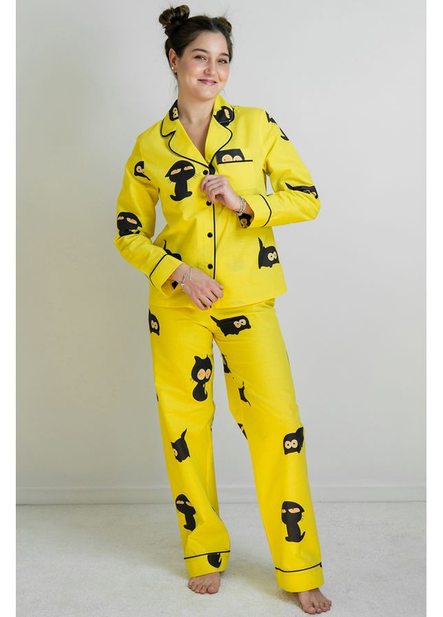 Желтая всесезон пижамный костюм из хлопка с брюками black cat Forly