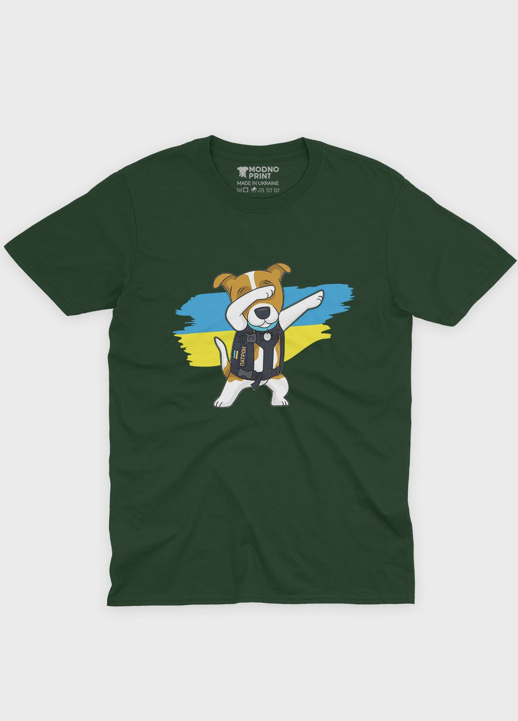 Темно-зеленая мужская футболка с патриотическим принтом пес патрон (ts001-3-bog-005-1-082) Modno