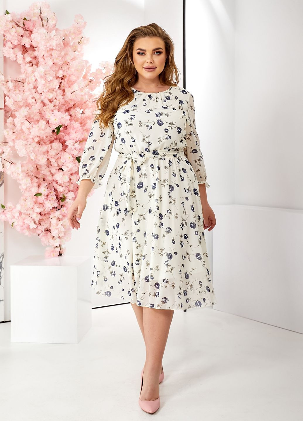 Кремова повсякденний, кежуал шифонова сукня з довгими рукавами кльош, дзвін No Brand з квітковим принтом