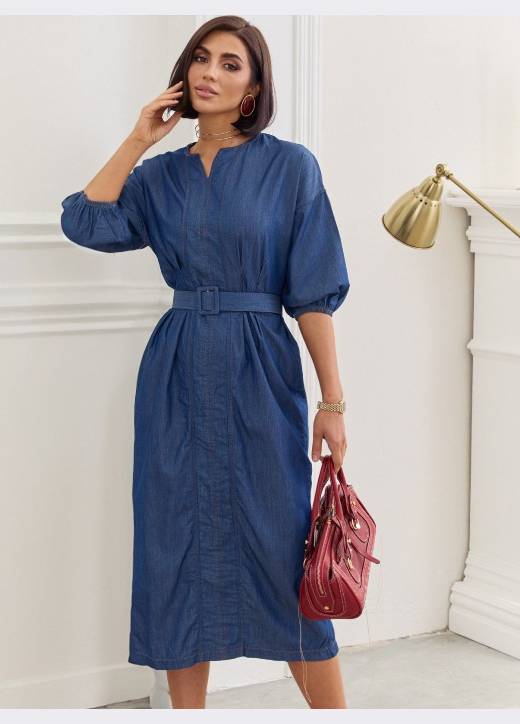Синее повседневный джинсовое платье-миди с поясом синее Dressa однотонное