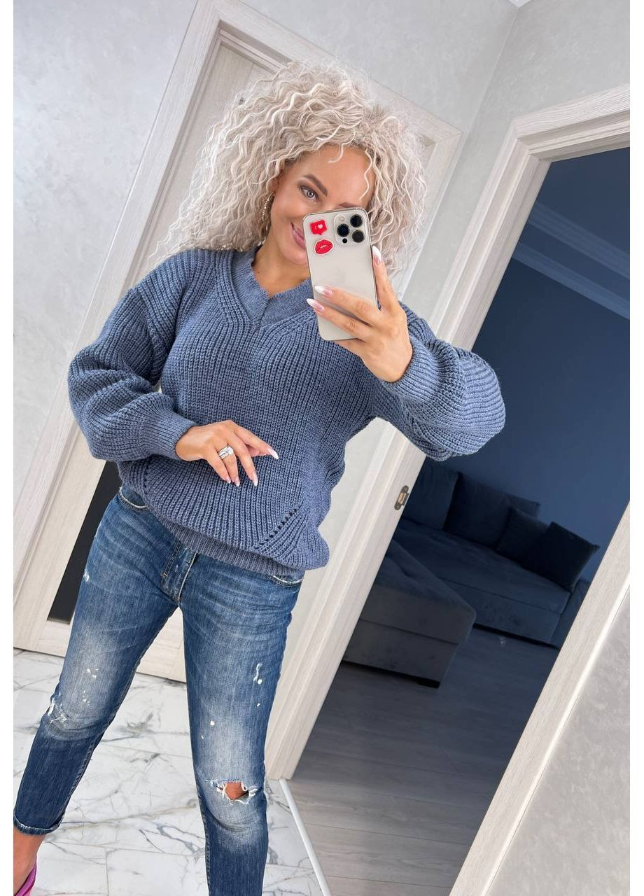 Синий демисезонный женский полушерстяной свитер с фактурной вязкой джемпер No Brand
