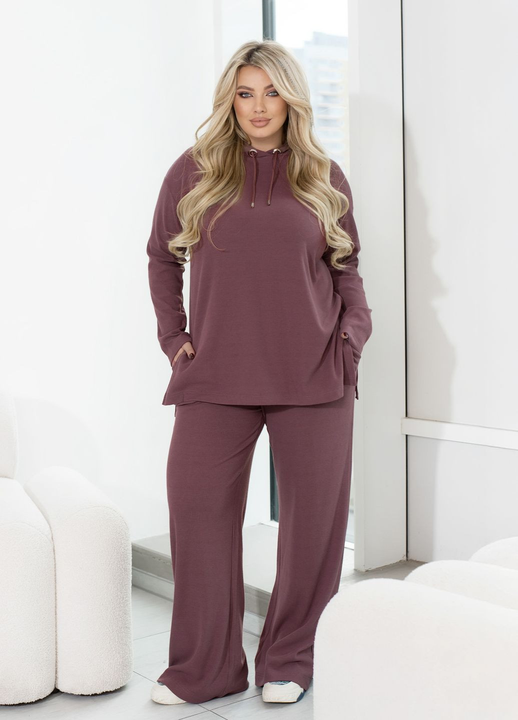 Костюм жіночий ангоровий в рубчик з начосом зимовий (худі + штани) No Brand (367725122)