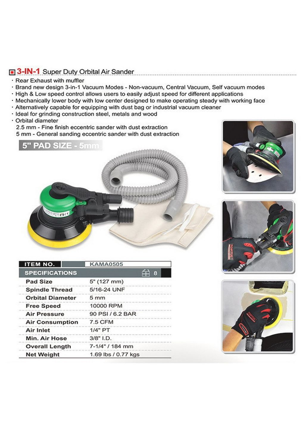 Шліфмашинка орбітальна пневматична 5" 5мм TOPTUL (288183656)