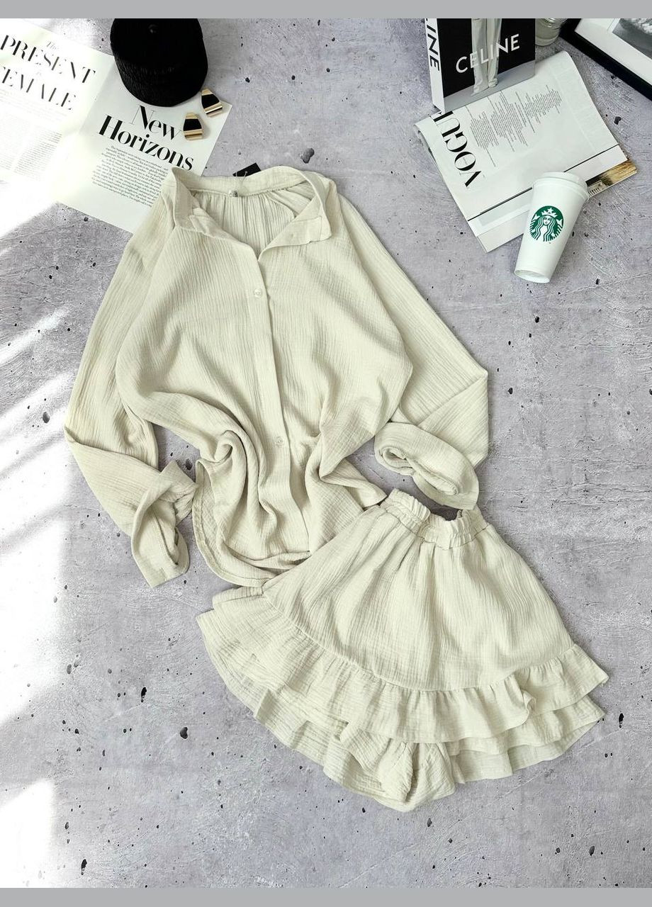 Женский летний двойка с длинным рукавом молочный No Brand костюм (334010398)