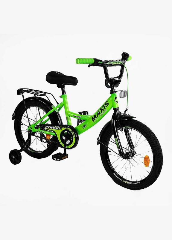 Велосипед 20" дюймов, 2-х колесный MAXIS, ручной тормоз, колокольчик, дополнительные колеса, собран на 75%. Green (163775) Corso (340911843)