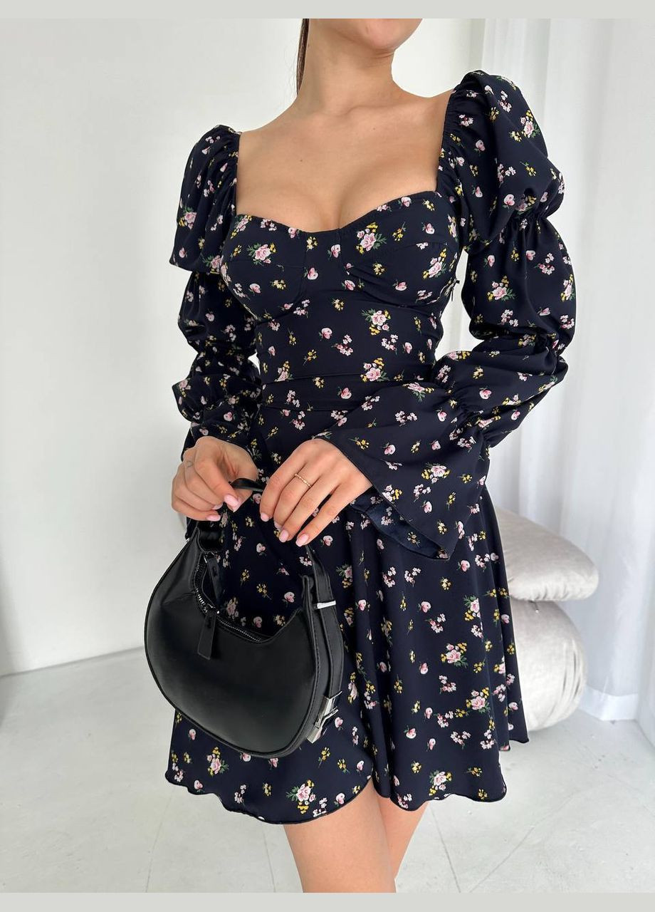 Темно-синее коктейльное, деловое, повседневный, кэжуал, вечернее женское платье клеш No Brand с цветочным принтом