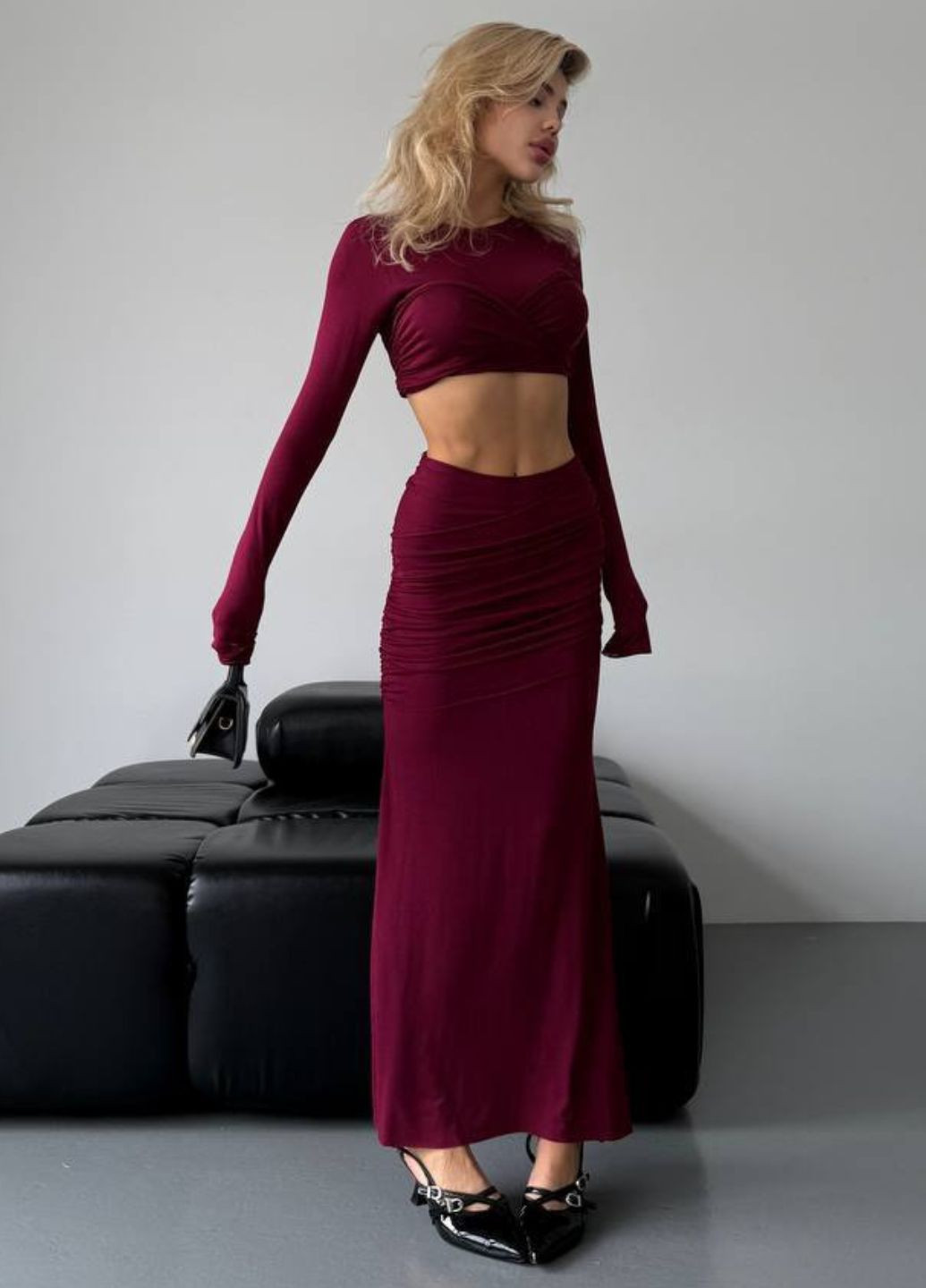 Вишуканий вечірній костюм двійка: топ з довгими рукавами + максі спідниця високої посадки Tik-Tak (341736047)