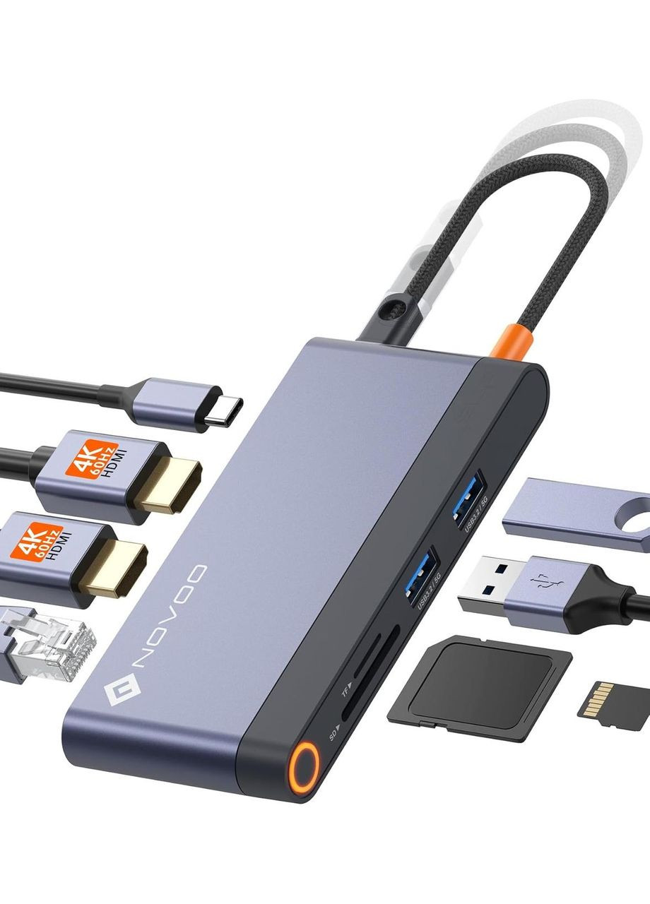 Док-станція Хаб USB-C RM8F Pro 8в1 з HDMI 4K Ethernet 1 Гбіт/с 100 Вт USB 3.0 кардрідером SD TF NOVOO (364462125)