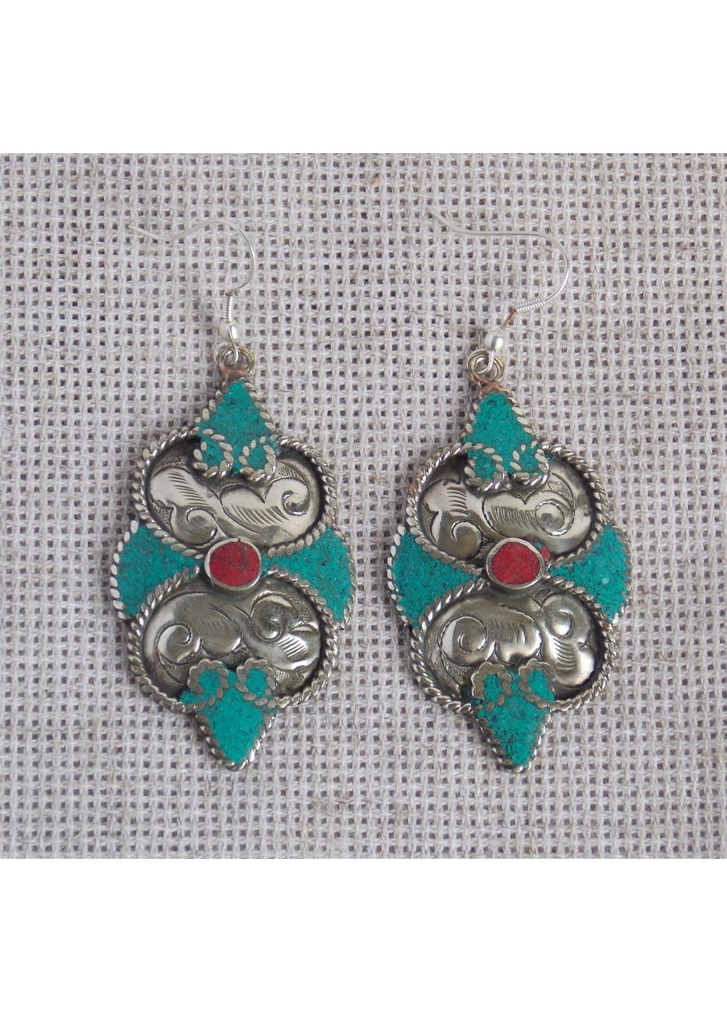 Непальські сережки етнічні з бірюзою і коралом в стилі бохо No Brand (366871688)