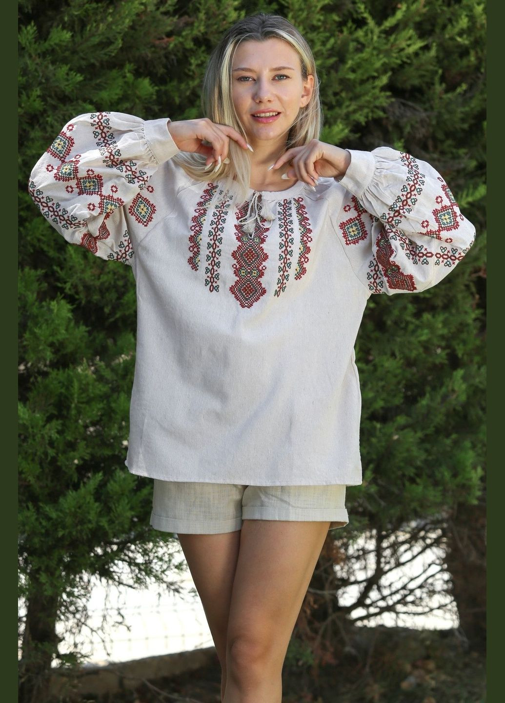 Бежева жіноча блузка вишиванка христя з бордовою вишивкою бежева You Best (300075328)