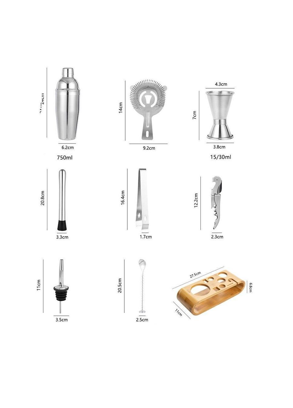 Набор для бара 10 в 1 для приготовления коктейлей Basimc 750 мл с деревянной подставкой, набор бармена (R051210) No Brand (349844471)