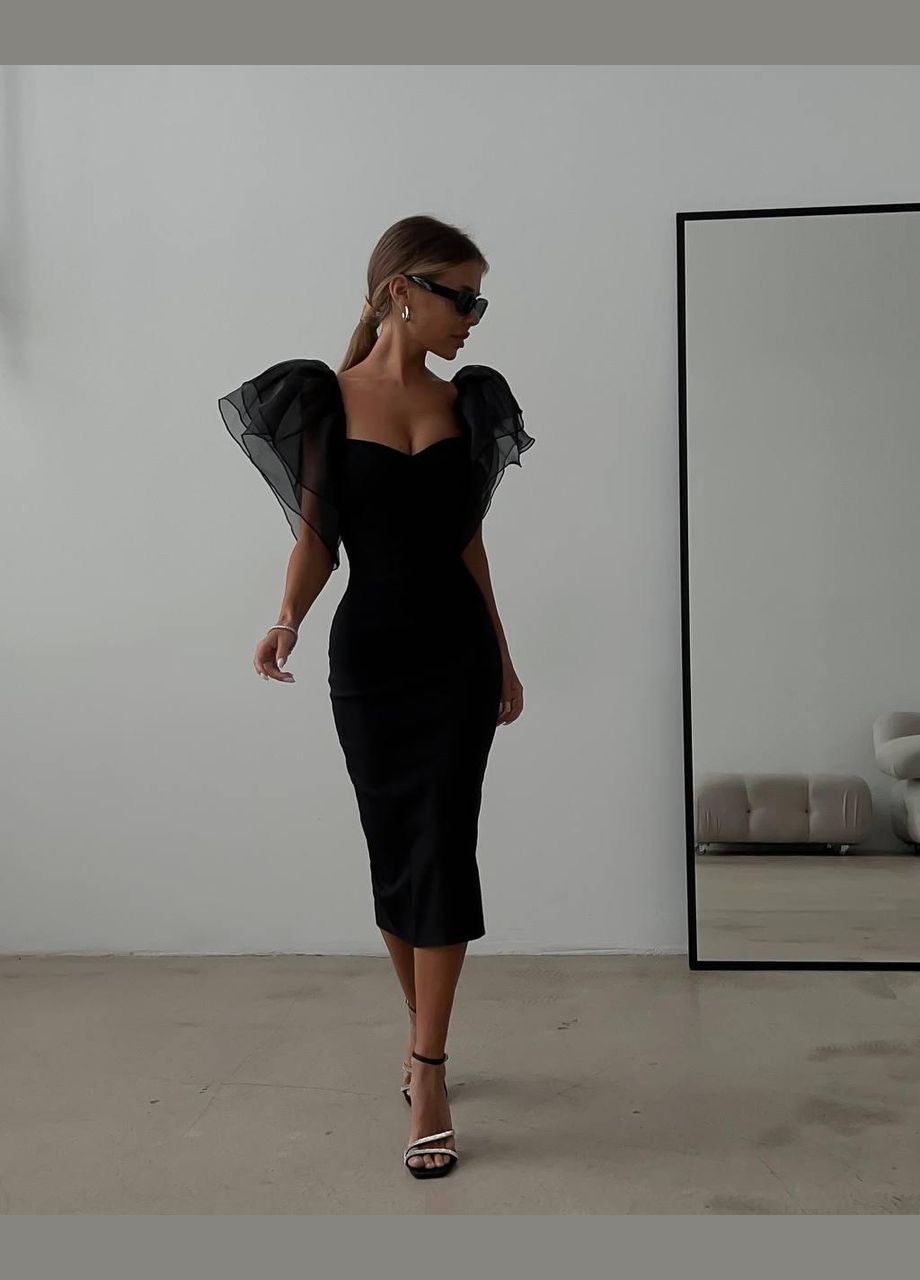 Чорна вечірня сукня жіноча - вишукана midi з волонами із органзи силуетна JUGO однотонна