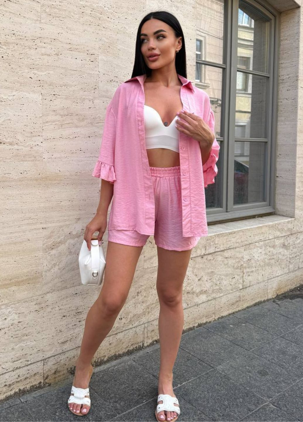 Изысканный легкий летний повседневный костюм двойка: рубашка с рюшами + шорты Allthings (344448201)