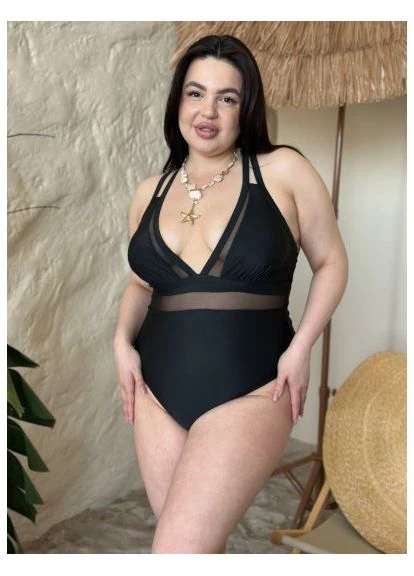 Черный демисезонный слитный купальник plus size с утяжкой No Brand