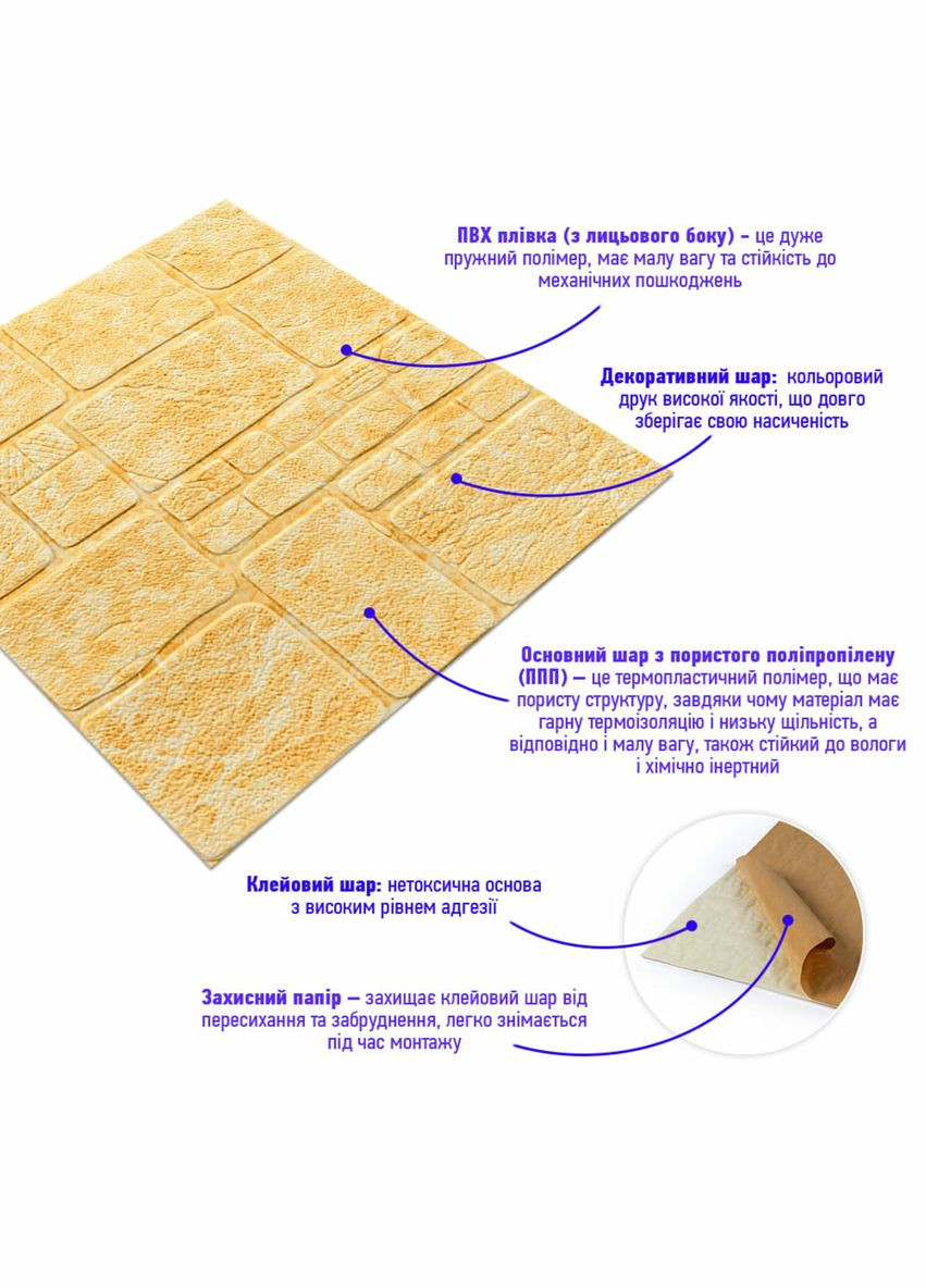 Самоклеющаяся декоративная 3D панель камень желтый мрамор 700х700х6мм (152) SW-00000220 Sticker Wall (316101006)