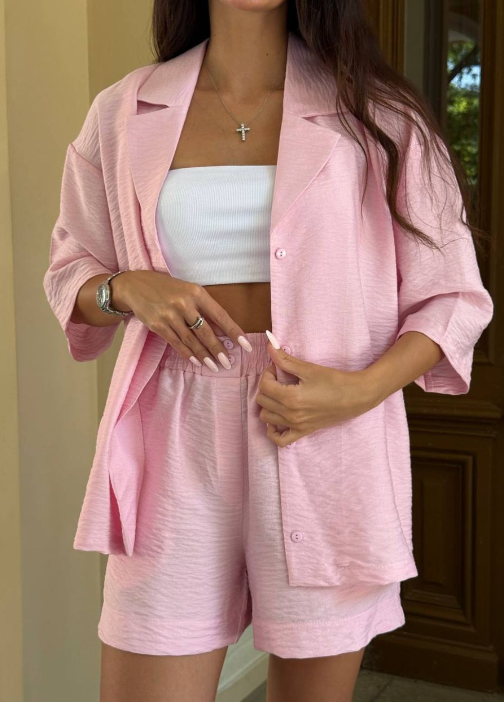 Изысканный повседневный легкий летний костюм двойка: рубашка с шалевым воротником + шорты Allthings (341124931)