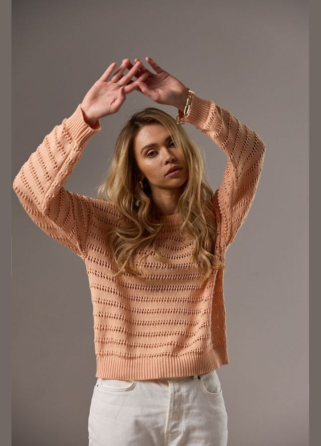 Персиковый демисезонный джемпер с ажурными линиями из хлопковой пряжи (2754) Triko Bakh