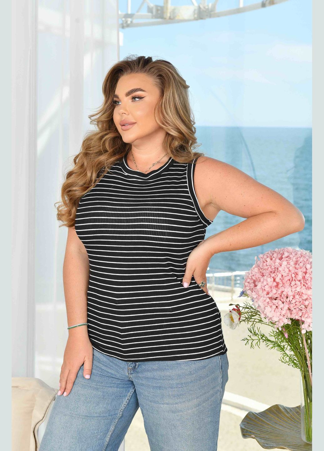 Женская трикотажная майка больших размеров черная в мелкий рубчик You Best — 333154913