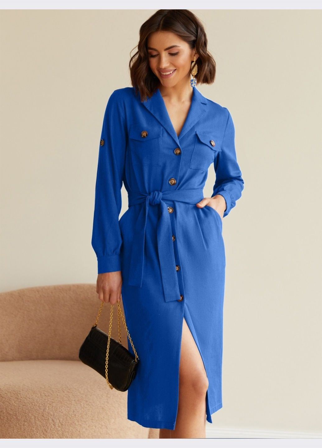 Синя лляна сукня-сорочка синього кольору з шльовками на рукавах Dressa