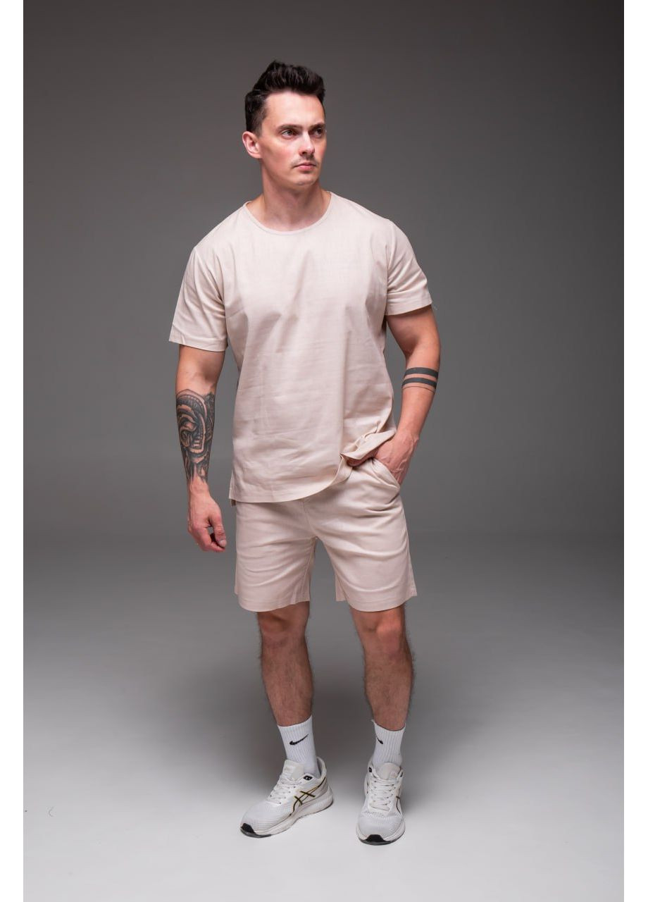 Бежевый демисезонный мужской комплект футболка + шорты лен 100% No Brand