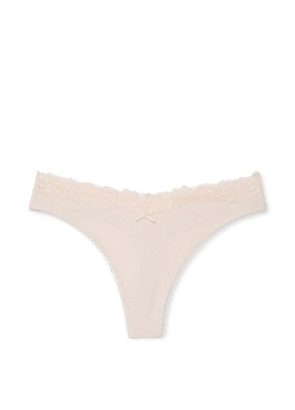 Трусики-стринги хлопковые Stretch Cotton High-Leg Scoop Thong Panty бежевые Victoria's Secret (330829451)