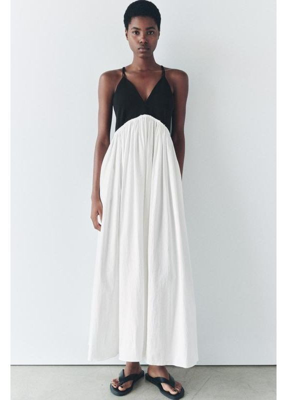 Білий сукня міді на бретелях з контрастною спідницею Zara