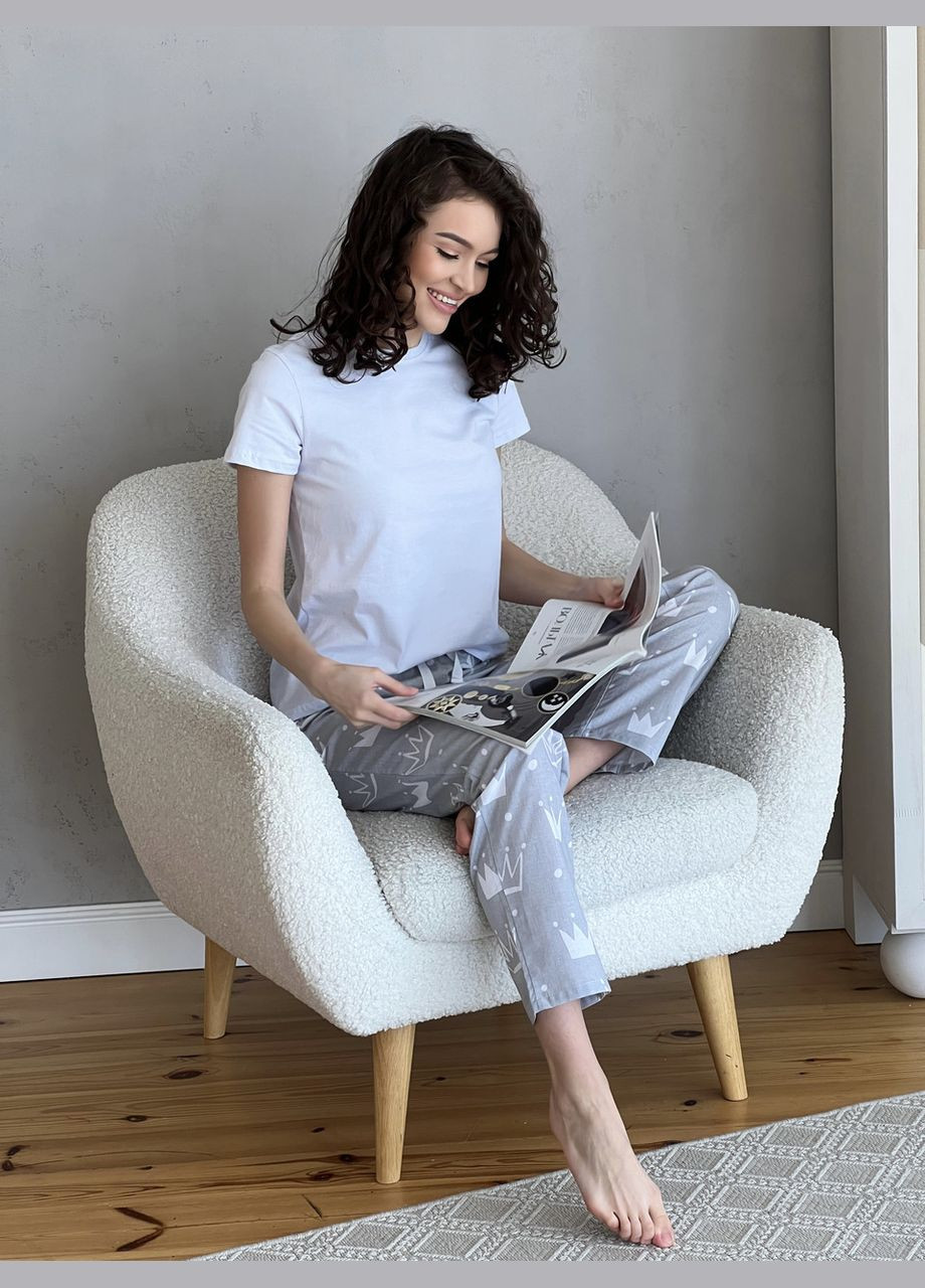 Комбінована жіноча піжама для дому футболка + штани біла з сірим (вк4301в-4-01) Cosy