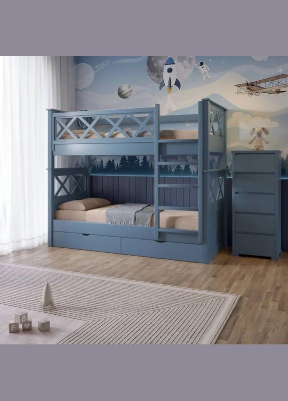 Двухъярусная детская кровать Мальта Синий (S 7010 R 90B) 90х200 см с ящиками (MBG-2304) Mebigrand (368282159)