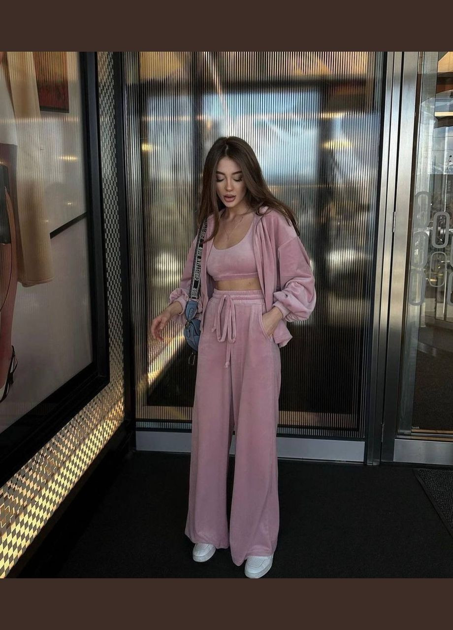 Жіночий велюровий костюм трійка: топ, кофта та штани палаццо MonCher (341679862)