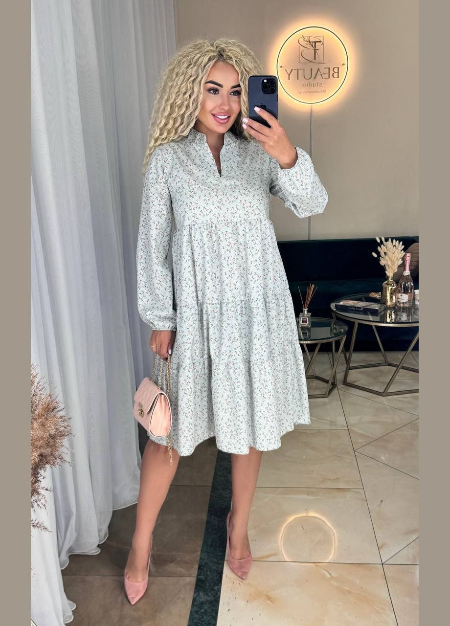 Оливковое свободное платье в цветочках Fashion