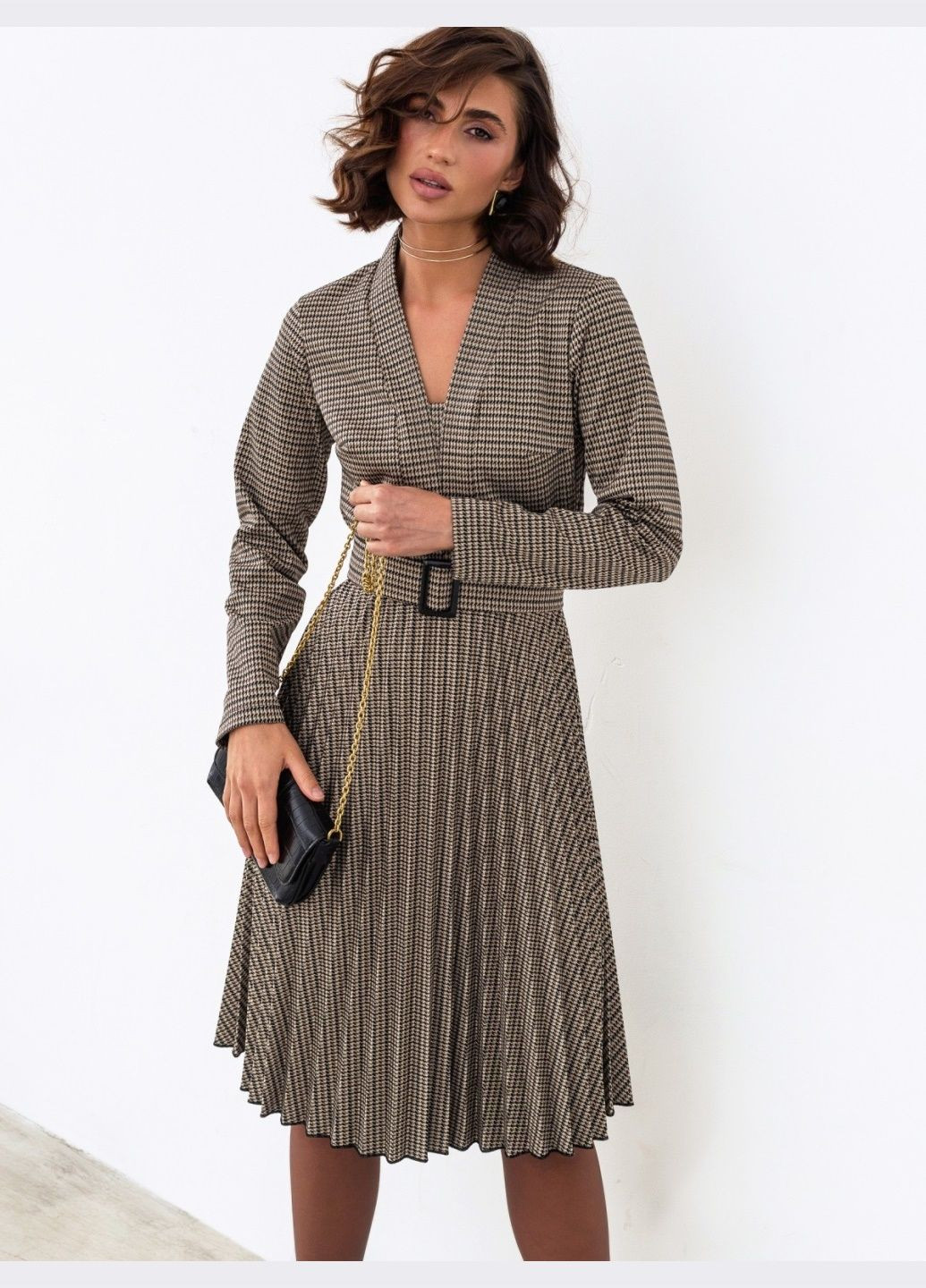 Коричневое кэжуал коричневое платье в гусиную лапку с юбкой-гофре клеш Dressa с узором пье-де-пуль «гусиная лапка»