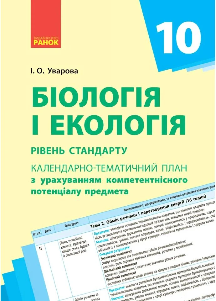 Біологія і екологія 10 клас. Календарно-тематичний план з урахуванням компетентнісного потенціалу предмета. Рівень стандарту РАНОК (370058552)