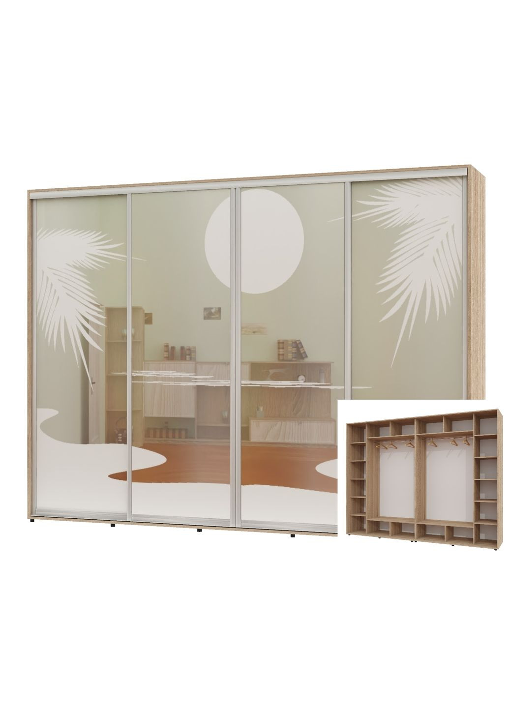 Шкаф-купе четырехдверный 350*60*250 Дуб Сонома Зеркало с пескоструйным рисунком Алекса (360479356)