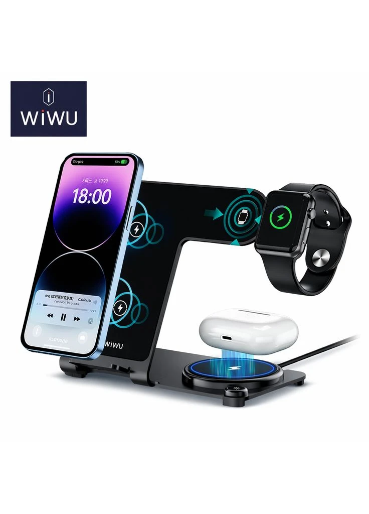 Беспроводная зарядная станция WI-W005 3в1 15W Qi для iPhone, Apple Watch, AirPods, док-станция быстрая зарядка WIWU (394714396)