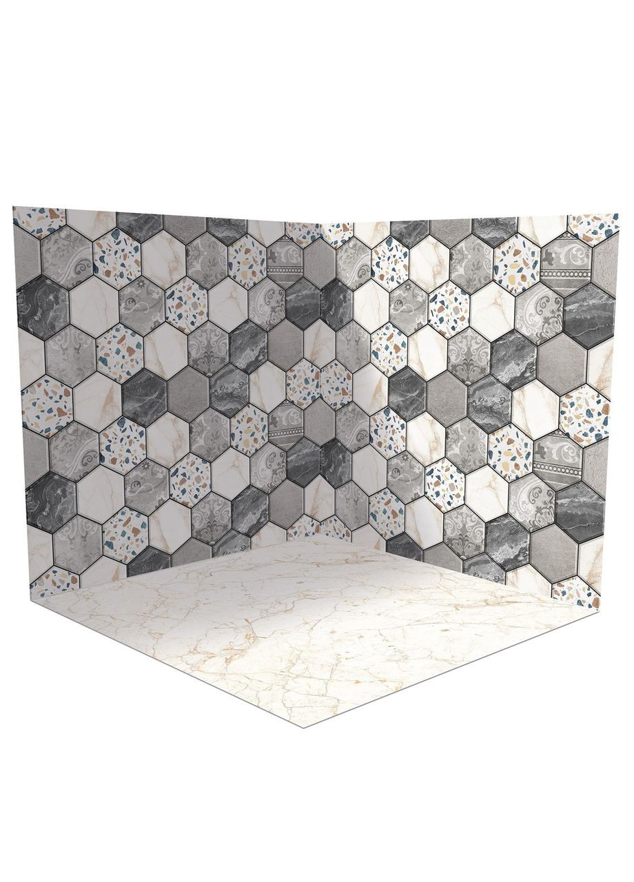 Фон вініловий 3D кутовий, стіна шестикутна плитка, підлога бежевий мармур і сірий бетон, 50×50 см, №58215 PhotoVinyl (354360380)
