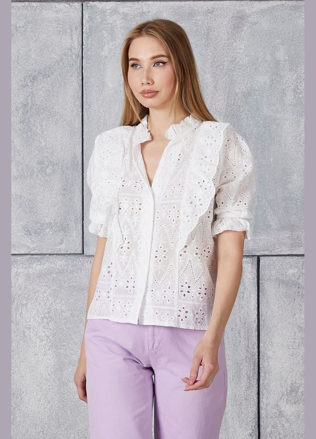 Белая женская хлопковая рубашка вышиванка белая по белому прошва с короткими рукавами. You Best (338193179)