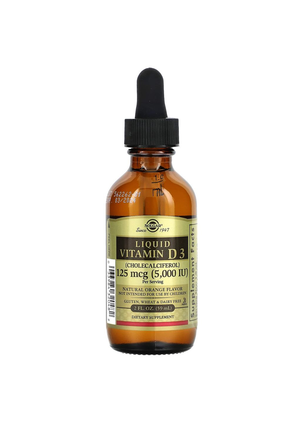 Витамин D3, Liquid Vitamin D3,, 125 мкг (5000 МЕ), жидкий, вкус апельсина, 59 мл Solgar (362368467)