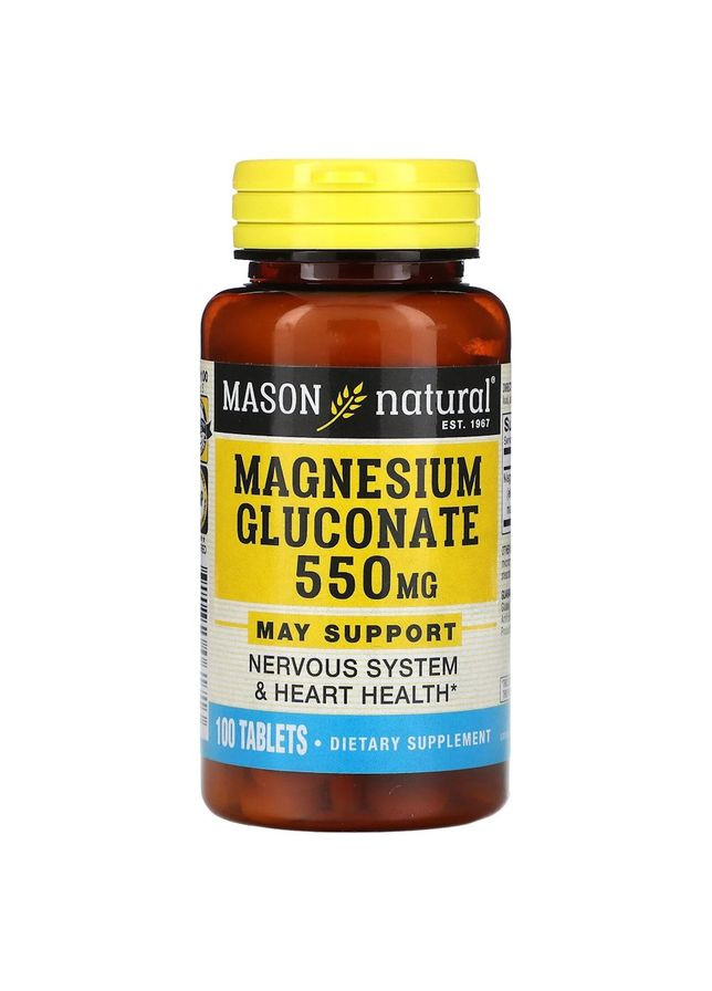 Глюконат магния Magnesium Gluconate 550 mg, 100 таблеток для поддержания нервной системы Mason Natural (322292415)