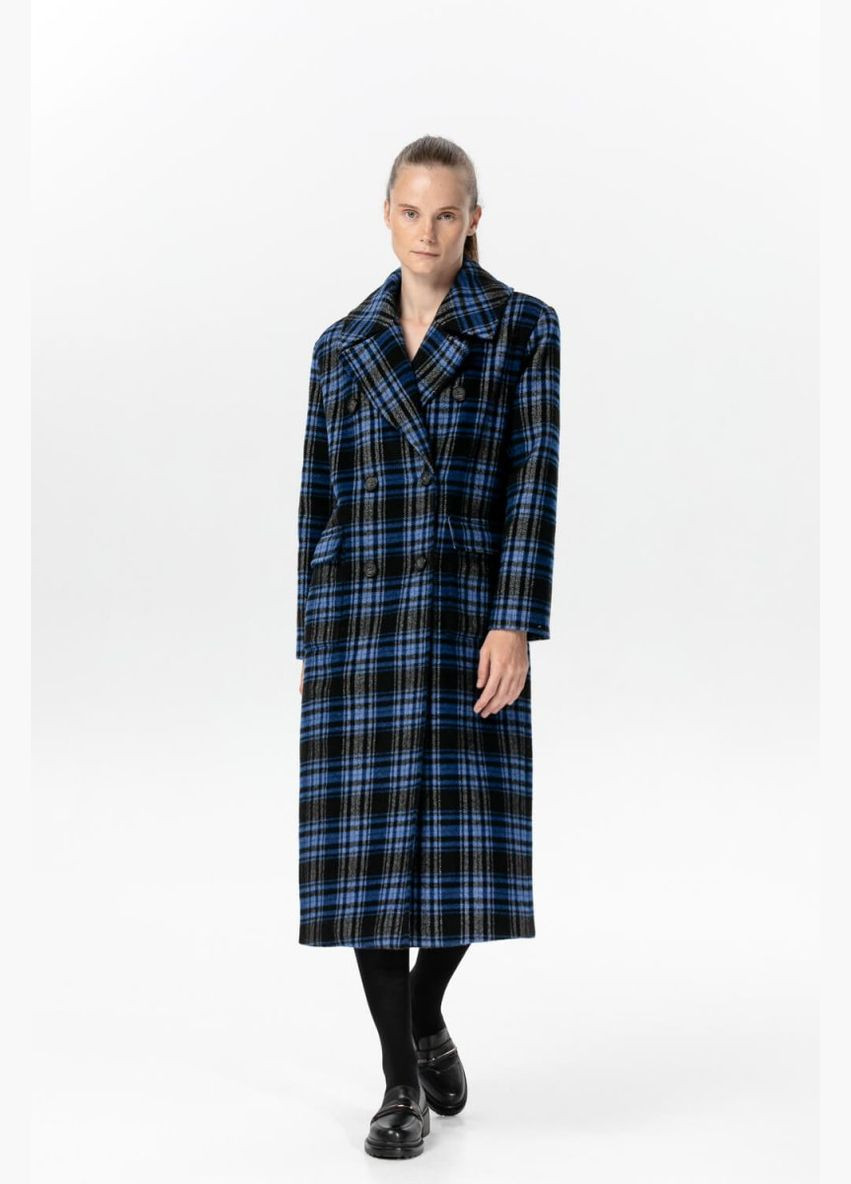 Синє демісезонне Довге двобортне пальто у синю клітину a LOT