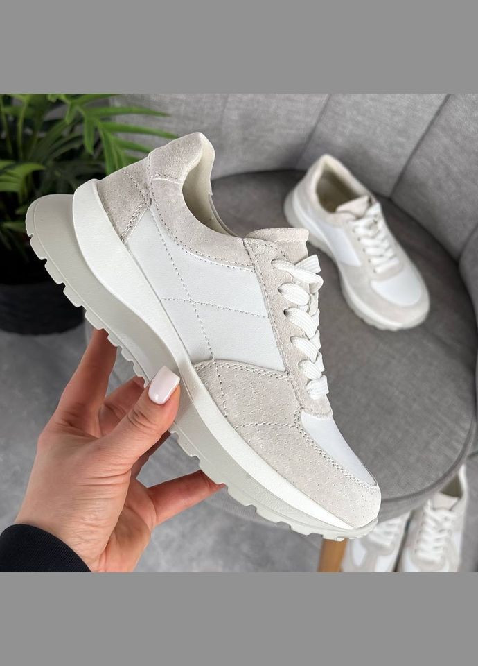 Кожаные женские кроссовки Donice, комбинированные кожаные кроссовки KDSL белые демисезоны (328000600)