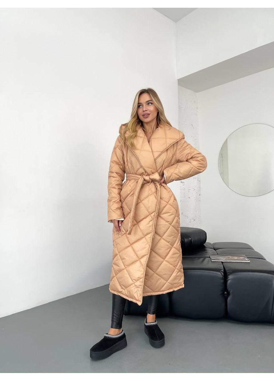Бежеве демісезонне Пухове пальто з капюшоном — тепло, стиль і комфорт до –25°C (заміри в описі) Vione