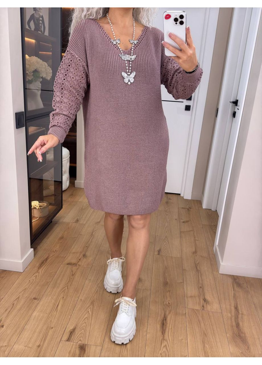 Пудровое женское вязаное платье с ажурными рукавами 00400 No Brand