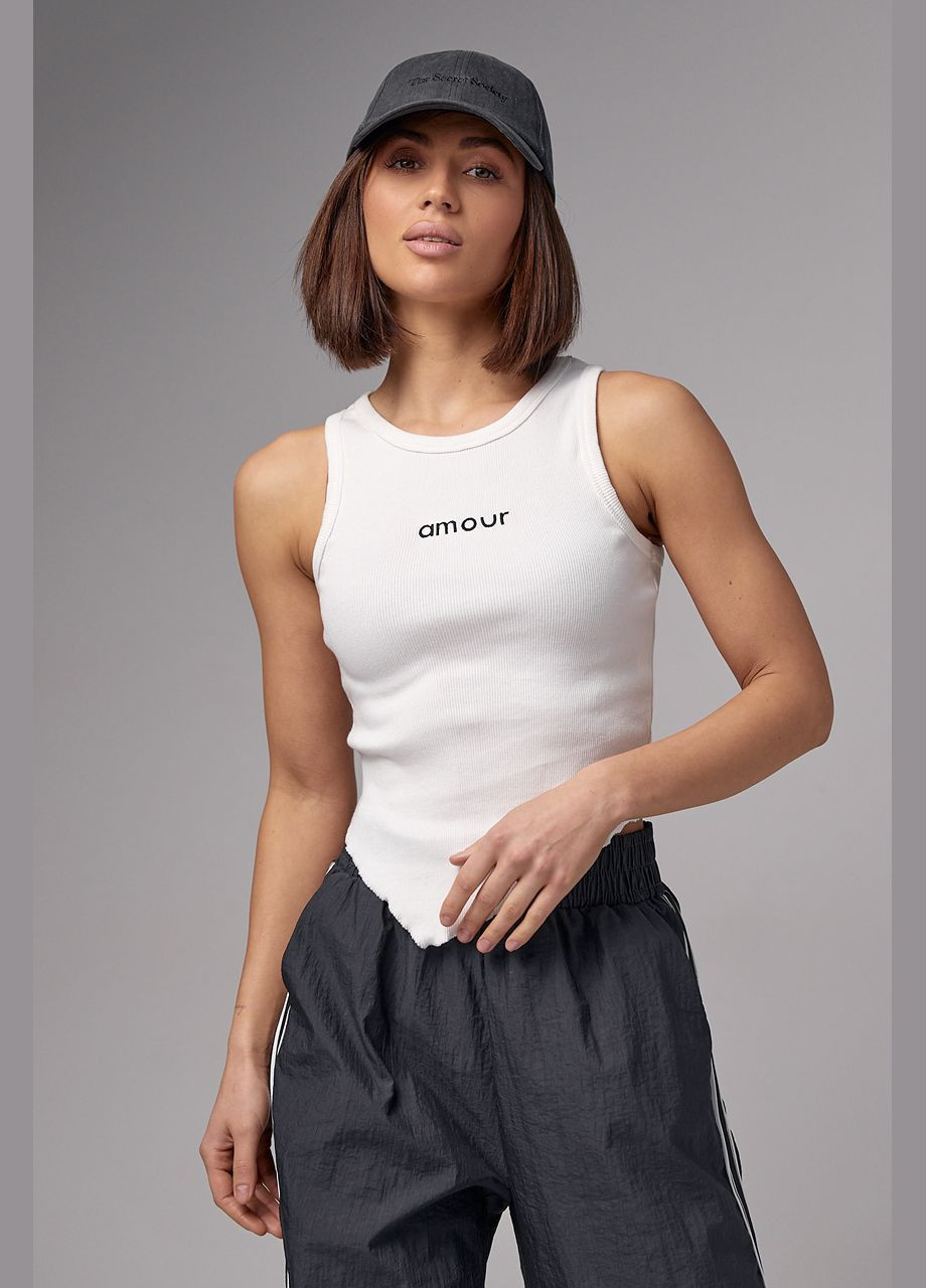 Майка жіноча в рубчик з асиметрією і написом Amour Lurex — 284116519