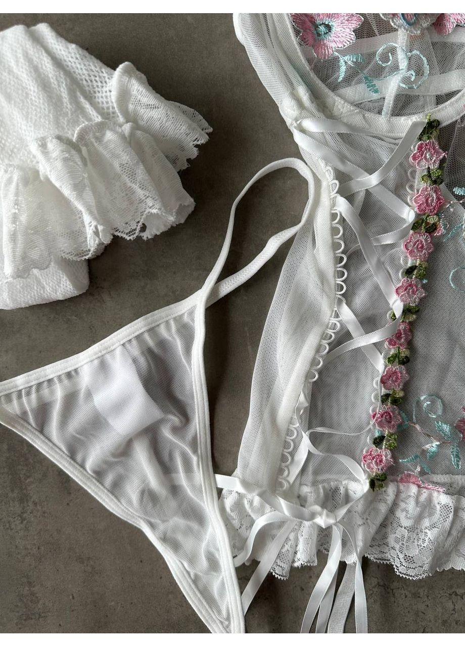 Білий балконет комплект жіночої білизни | з корсетом і підв’язками, білий Vital-Textile з кісточками поліестер, еластан