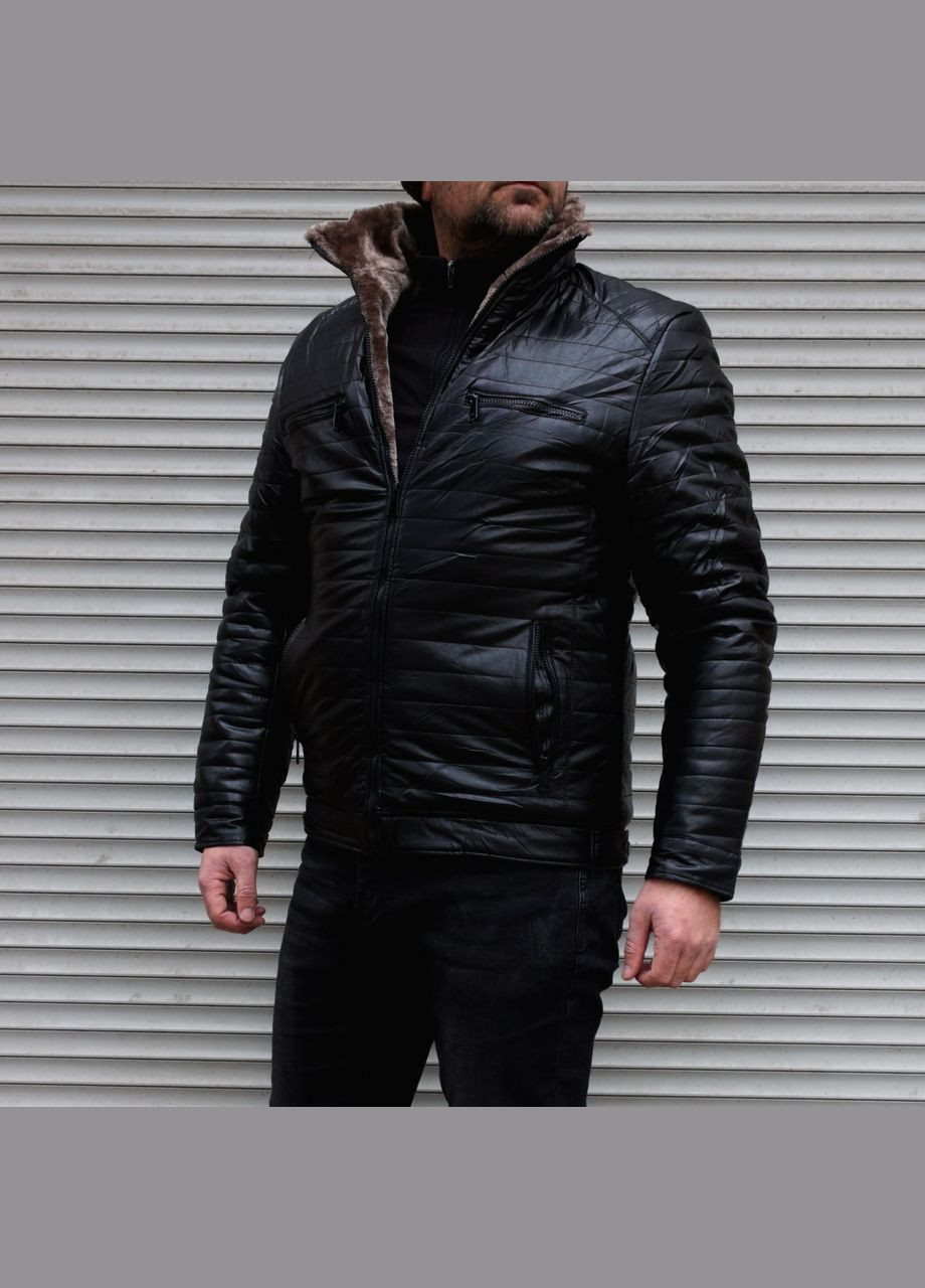 Чорна зимня зимова шкіряна куртка на хутрі Vakko