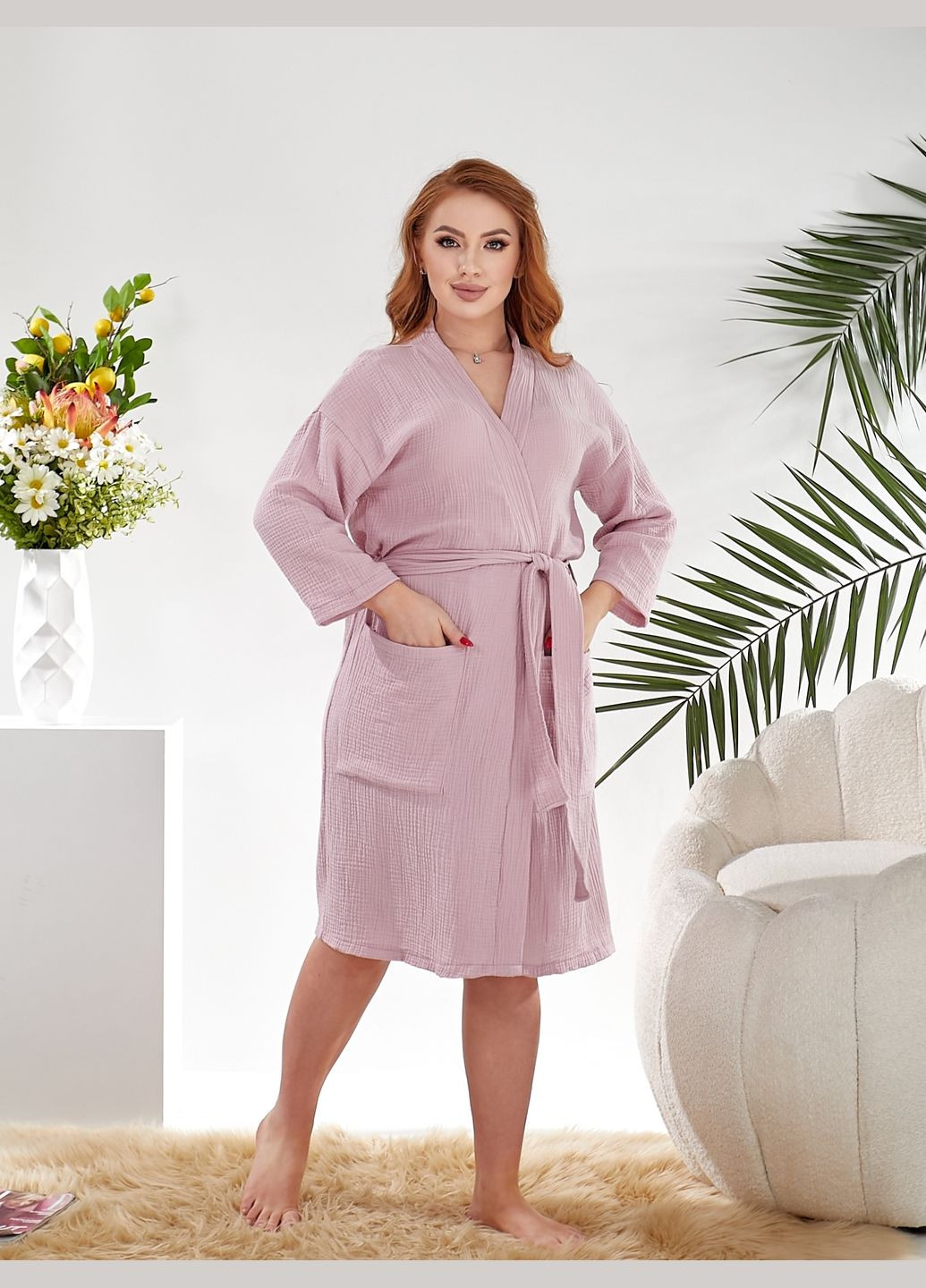 Жіночий халат із бавовняного мусліну – м'який, елегантний, з поясом і кишенями Slazer (322700721)
