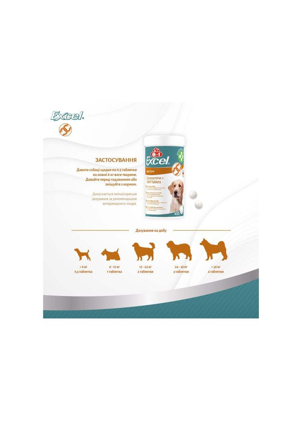 Витамины для щенков и взрослых собак Excel Glucosamine + MSM для суставов 55 шт 8in1 (336328908)