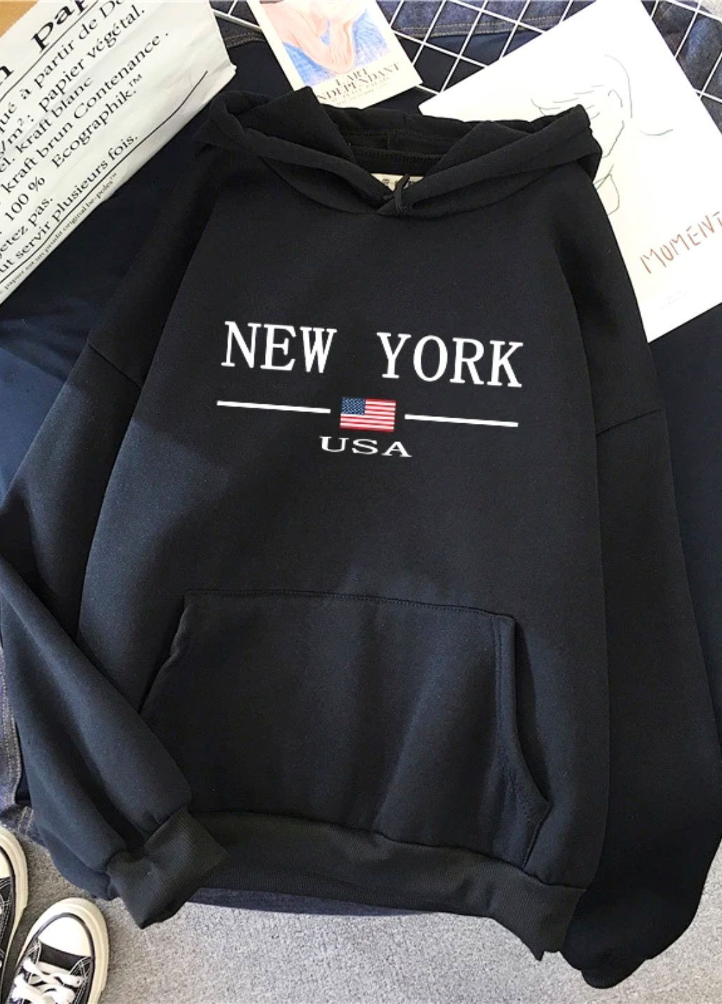 Худі унісекс однотонний осінь-зима на флісі Oversize з написом New York G&N (365564672)